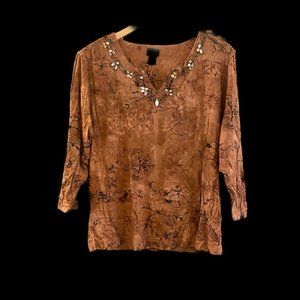 Chico's Brown Print beautifully trimmed V neck Shirt Size 2